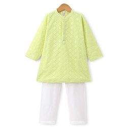 Babyhug Woven Full Sleeves Embroidered Kurta & Pyjama Set - Lime Yellow
