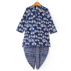 Babyhug 100% Cotton Woven Full Sleeves Kurta & Dhoti Set With Cycle Print - Navy Blue