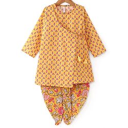 Babyhug Cotton Woven Full Sleeves Angarakha Kurta Dhoti Set Floral Print- Mustard