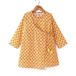 Babyhug Cotton Woven Full Sleeves Angarakha Kurta Dhoti Set Floral Print- Mustard
