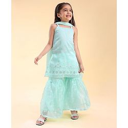 Babyhug Woven Sleeveless Kurti & Salwar Set with Dupatta with Floral Print & Embroidery Detailing - Aqua Blue