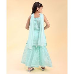 Babyhug Woven Sleeveless Kurti & Salwar Set with Dupatta with Floral Print & Embroidery Detailing - Aqua Blue