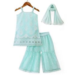 Babyhug Woven Sleeveless Kurti & Salwar Set with Dupatta with Floral Print & Embroidery Detailing - Aqua Blue