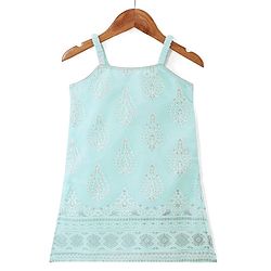 Babyhug Woven Sleeveless Kurti & Salwar Set with Dupatta with Floral Print & Embroidery Detailing - Aqua Blue