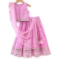 Babyhug Woven Sleeveless Net Sequined Embroidered Choli Lehenga & Dupatta Set - Pink