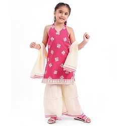 Babyhug Woven  Sleeveless Floral Embroidered Halter Neck Chanderi Kurti Palazo Set with Dupatta - Pink
