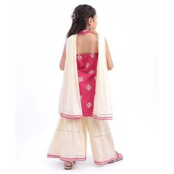 Babyhug Woven  Sleeveless Floral Embroidered Halter Neck Chanderi Kurti Palazo Set with Dupatta - Pink