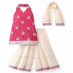Babyhug Woven  Sleeveless Floral Embroidered Halter Neck Chanderi Kurti Palazo Set with Dupatta - Pink