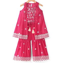 Babyhug Sleeveless  Top With Sharara & Floral Embroidered Jacket Set - Pink