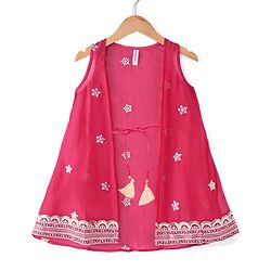 Babyhug Sleeveless  Top With Sharara & Floral Embroidered Jacket Set - Pink