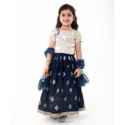 Babyhug Half Sleeves Brocade Choli With Georgette Embroidered Lehenga and Dupatta - Navy Blue