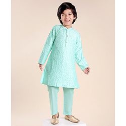 Babyhug Woven Full Sleeves Floral Embroidered Kurta & Pyjama Set - Aqua