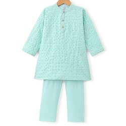 Babyhug Woven Full Sleeves Floral Embroidered Kurta & Pyjama Set - Aqua