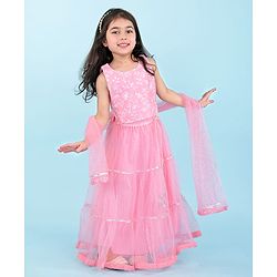 Babyhug  Sleeveless Net Embroidered Lehenga Choli and Dupatta Set- Pink