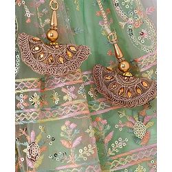 Babyhug Woven Half Sleeves Sequenced Embroidered Lehenga Choli & Dupatta Set - Mint