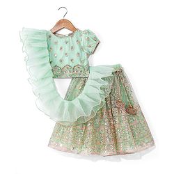 Babyhug Woven Half Sleeves Sequenced Embroidered Lehenga Choli & Dupatta Set - Mint