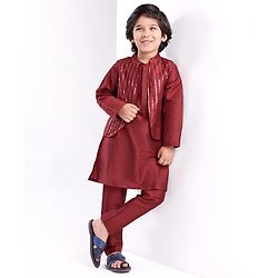 Babyhug Woven Full Sleeves Solid Colour Pathani Kurta Pyjama Set with Sequined Embroidered Jacket - Maroon