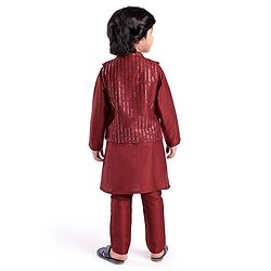 Babyhug Woven Full Sleeves Solid Colour Pathani Kurta Pyjama Set with Sequined Embroidered Jacket - Maroon