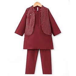 Babyhug Woven Full Sleeves Solid Colour Pathani Kurta Pyjama Set with Sequined Embroidered Jacket - Maroon