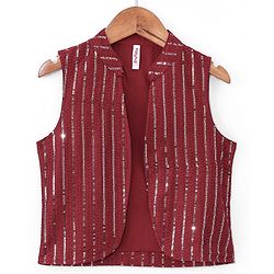 Babyhug Woven Full Sleeves Solid Colour Pathani Kurta Pyjama Set with Sequined Embroidered Jacket - Maroon