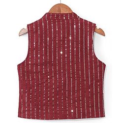 Babyhug Woven Full Sleeves Solid Colour Pathani Kurta Pyjama Set with Sequined Embroidered Jacket - Maroon