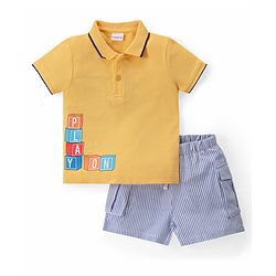 Babyhug Cotton Knit Half Sleeves Text Printed Polo T-Shirt & Striped Shorts Set - Yellow & Blue