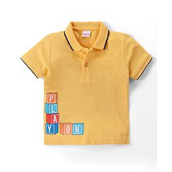 Babyhug Cotton Knit Half Sleeves Text Printed Polo T-Shirt & Striped Shorts Set - Yellow & Blue