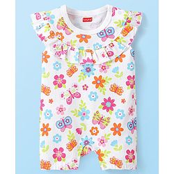 Babyhug 100% Cotton Knit Frill Sleeves Romper Floral & Butterfly Print - White