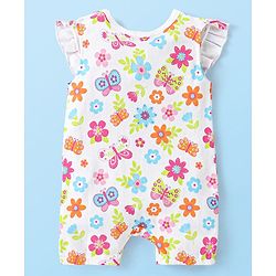 Babyhug 100% Cotton Knit Frill Sleeves Romper Floral & Butterfly Print - White