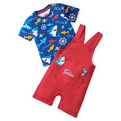 Babyhug 100% Cotton Knit Half Sleeves T-Shirt & Dungaree Set Aquatic Animal Print -Blue & Red