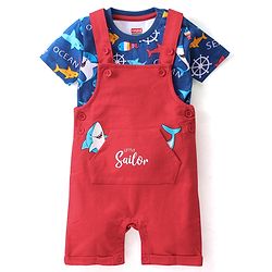 Babyhug 100% Cotton Knit Half Sleeves T-Shirt & Dungaree Set Aquatic Animal Print -Blue & Red