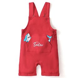 Babyhug 100% Cotton Knit Half Sleeves T-Shirt & Dungaree Set Aquatic Animal Print -Blue & Red