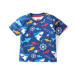 Babyhug 100% Cotton Knit Half Sleeves T-Shirt & Dungaree Set Aquatic Animal Print -Blue & Red