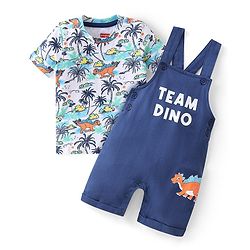 Babyhug 100% Cotton Knit Single Jersey Dungaree & Half Sleeves T-Shirt With Dino Print - White & Blue