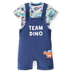 Babyhug 100% Cotton Knit Single Jersey Dungaree & Half Sleeves T-Shirt With Dino Print - White & Blue
