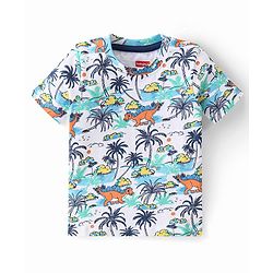 Babyhug 100% Cotton Knit Single Jersey Dungaree & Half Sleeves T-Shirt With Dino Print - White & Blue