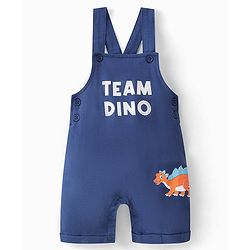 Babyhug 100% Cotton Knit Single Jersey Dungaree & Half Sleeves T-Shirt With Dino Print - White & Blue