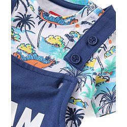 Babyhug 100% Cotton Knit Single Jersey Dungaree & Half Sleeves T-Shirt With Dino Print - White & Blue