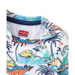 Babyhug 100% Cotton Knit Single Jersey Dungaree & Half Sleeves T-Shirt With Dino Print - White & Blue