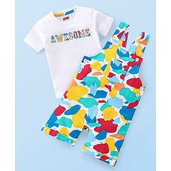 Babyhug 100% Cotton Knit Dungaree & Half Sleeves T-Shirt Set With Abstract Print -Multicolour