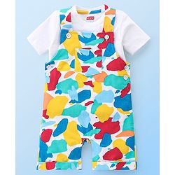 Babyhug 100% Cotton Knit Dungaree & Half Sleeves T-Shirt Set With Abstract Print -Multicolour