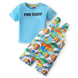 Babyhug Single Jersey Knit Boat Printed Dungaree & Half Sleeves T-Shirt - Light Blue & Multicolor