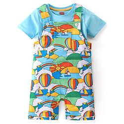 Babyhug Single Jersey Knit Boat Printed Dungaree & Half Sleeves T-Shirt - Light Blue & Multicolor