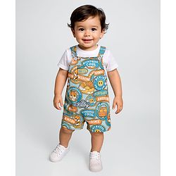 Babyhug Single Jersey Knit Tiger Printed Dungaree & Half Sleeves T-Shirt - White & Multicolor