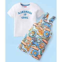 Babyhug Single Jersey Knit Tiger Printed Dungaree & Half Sleeves T-Shirt - White & Multicolor