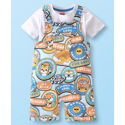 Babyhug Single Jersey Knit Tiger Printed Dungaree & Half Sleeves T-Shirt - White & Multicolor