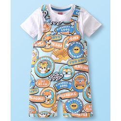 Babyhug Single Jersey Knit Tiger Printed Dungaree & Half Sleeves T-Shirt - White & Multicolor