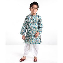 Babyhug Cotton Woven Full Sleeves Kurta & Dhoti Set With Floral Print - Blue & White