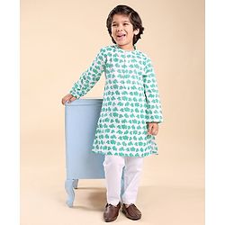 Babyhug Cotton Woven Full Sleeves Elephant Print Kurta & Pajama Set - Green & White