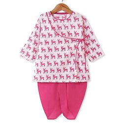 Babyhug Cotton Woven Full Sleeves Angarkha Style Kurta & Dhoti Set Deer Print - Pink
